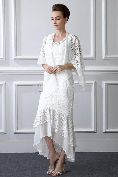 White Lace Mother of the Bride Dresses Matched Wraps New Hot Selling Elegant High Low Sheath Mother of Bride Groom Dresses M04