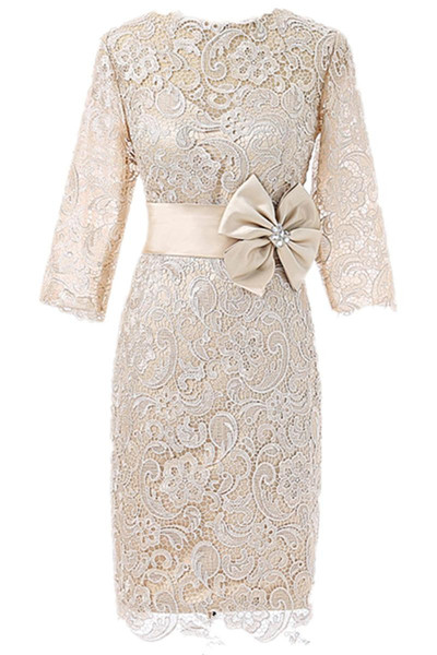 Champagne Lace Short Mother of the Bride Dresses Real Image Matched Bow Sash Knee Length Long Sleeve Sheath Formal Evening Gowns M60