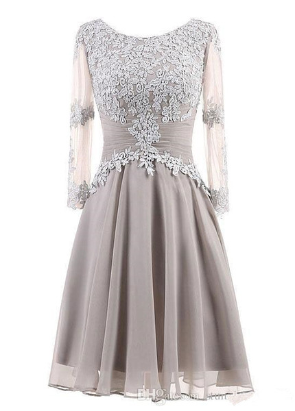 Gray Short Chiffon Mother of the Bride Groom Dresses Real Image A-Line Long Sleeve Lace Wedding Guest Dress Formal Evening Gowns M121