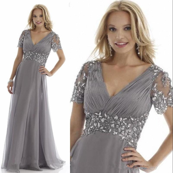 Gray Chiffon Mother of the Bride Dresses Bling Bling Crystals Pleats Short Sleeve V-Neck A-Line Women Wear Evening Wedding Guests Dress M016