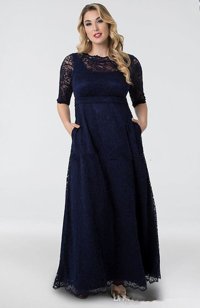 Plus Size Navy Blue Lace Mother of the Bride Dresses New Design Floor Length A-Line Half Sleeve Vintage Wedding Guest Dresses M018