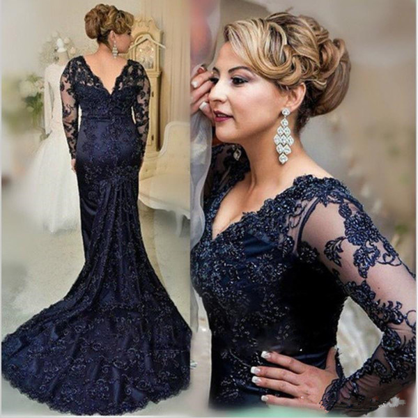 Navy Blue Lace Mother of the Bride Dresses New V-Neck Long Sleeve Mermaid Wedding Party Gowns Woman Formal Evening Gowns M065