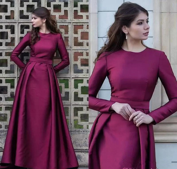 Long Sleeve Grape Mother of the Bride Dresses New Design Matched Sash A-Line Satin Wedding Guest Gowns Party Dress Mother Gowns M60