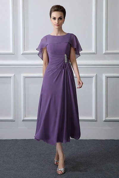 Purple Chiffon Mother of the Bride Dresses New Design Beaded Pleats A-Line Cap Sleeve Tea Length Wedding Guest Gowns Party Dress M023