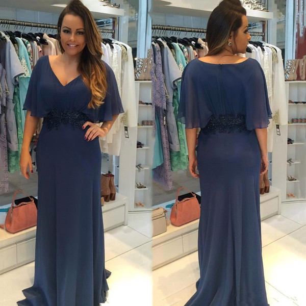 Navy Blue Chiffon Mother of the Bride Dresses Plus Size New Applique Beaded Pleats V-Neck Half Sleeve Mermaid Wedding Guest Gowns M025