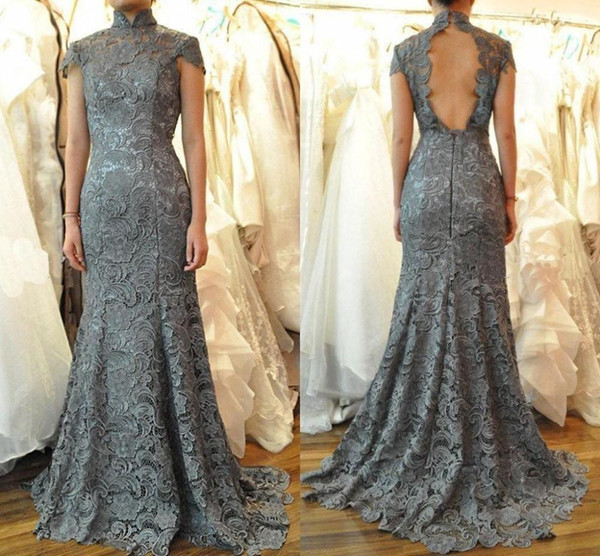 Gray High Neck Lace Mother of the Bride Dresses New Sweep Train Cap Sleeve Backless Mermaid Wedding Guest Dresses Formal Gowns M021