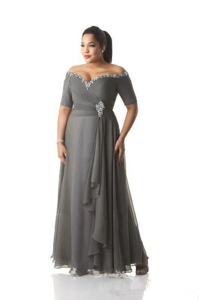 Gray Plus Size Mother of the Bride Dresses Hot Selling New Custom Half Sleeve Off-the-shoulder Crystal Chiffon Formal Evening Gowns M61