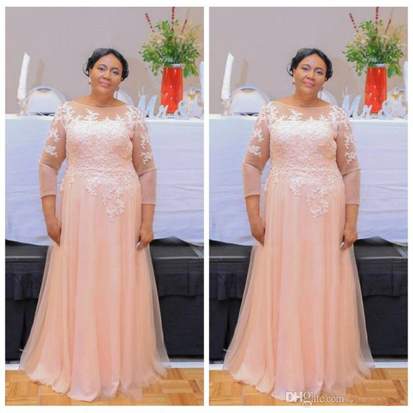 Pearl Pink Tulle Sheer Mother of Bride Dresses New Custom A-Line Plus Size 3/4 Long Sleeve Lace Wedding Guest Gowns M026