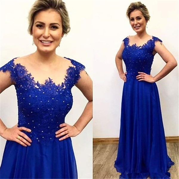 Elegant Blue Lace Mother of the Bride Dresses Crystals A-Line Chiffon Formal Godmother Women Wear Evening Wedding Guests Dress Plus Size M06