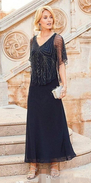 Navy Blue Chiffon Mother of the Bride Dresses New Custom V-Neck Luxury Beads A-Line Ankle Length Half Sleeve Wedding Guest Dress M054