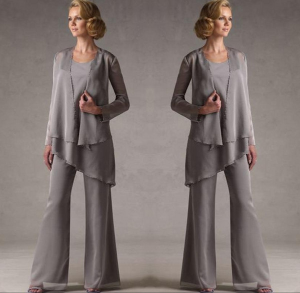 Mother Of The Groom Grey Chiffon Bridal Mother Bride Pant Suits With Jacket Women Evening Pant Suits Robe De Mere De Mariee DH325