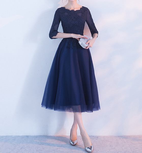 Elegant Dark Navy Mother of the Bride Dress Zipper Back Three Quarter Sleeves Soft Tulle Tea Length Mother of the bride dresses