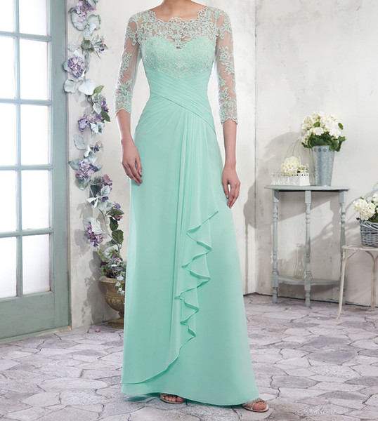 Chiffon A-line Mother of the Bride Dresses Scoop 3/4 Long Sleeves Zipper with Buttons Back Floor Length Pleats Mother's Dress Formal Gowns