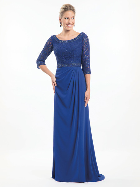 Stunning Royal Blue Mother of the bride dresses lace top with beaded neckline 3/4 sleeves pleated skirt with sweep train EVENING GOWNS