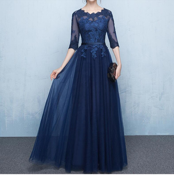 Elegant Navy Blue Mother of the Bride Dresses Half Sleeves Sheer with Applique Lace-up Back Floor Length Mother's Gowns Cheap