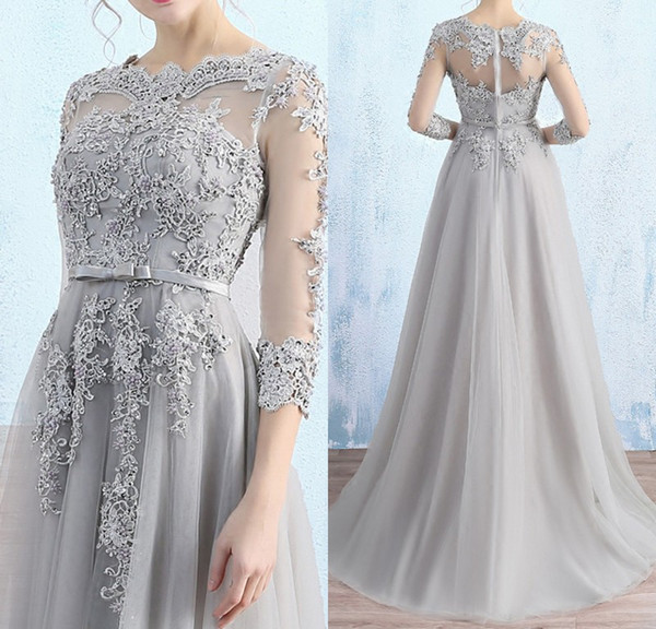 Gorgeous Light Gray Mother of the Bride Dresses Illusion Sheer with Applique Major Beading Zipper Back Sweep train Wedding Party Dress