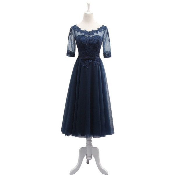 Dark Navy Tea Length mother of the bride dresses Half Sleeves Sheer with Applique Pleats TUlle Mother's Dresses Real Pictures Cheap