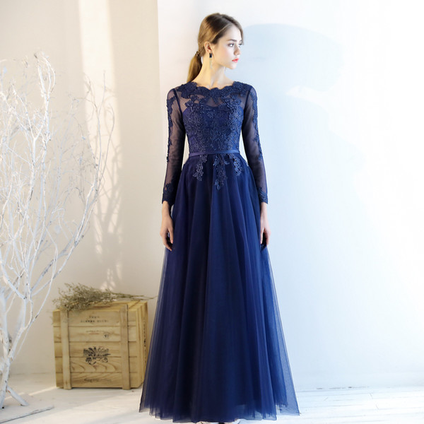 Elegant Navy Blue Long Sleeves mother of the bride dresses Sheer with Floral Applique Lace-up Back Royal Blue,Champagne Plus Size dress