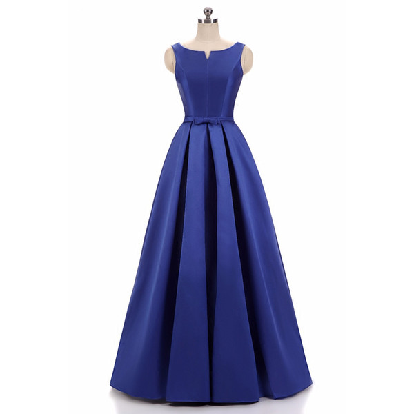 Elegant Mother of the Bride Dresses Blue Satin Long Prom Gowns Scoop Lace-up with Zipper Back Floor Length Formal Dress