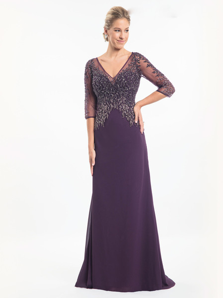 Sparkling Plum Mother of the Bride Dresses Illusion Sheer with Beading Sequins 3/4 Long Sleeves Pleats Chiffon Sweep Train Evening Gowns