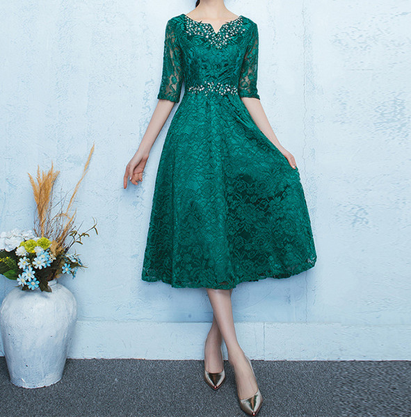 Dark Green Lace Mother of the bride dresses tea length lace mother of the bride gowns with shining beads sequins party gowns