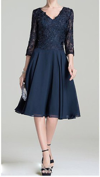 Mother of the bride dresses Dark Navy Chiffon with Floral Lace Three Quarter Sleeves Zipper Back Custom Made Plus Size Cheap