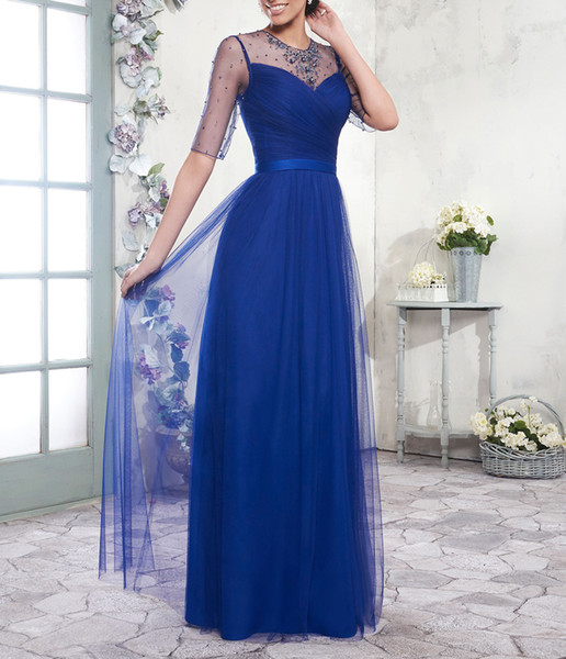 Stunning Royal Blue Mother of the Bride Dresses Soft Tulle Illusion Sheer with Beads Sequins Zipper with Buttons Back Floor Length