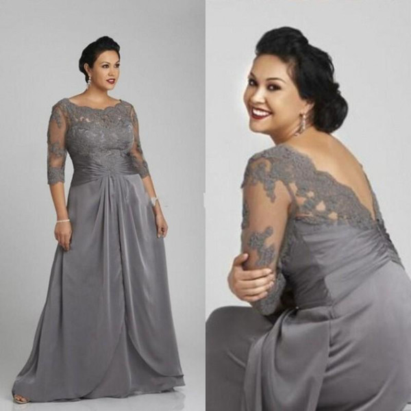 Elegant Gray Mother of the bride dresses Satin Chiffon with Floral Lace Three Quarter Sleeves Plus Size Mother of the bride dresses