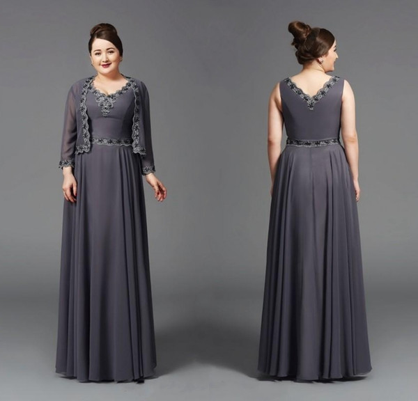 A Line V Neck Mother Of The Bridal Dresses With Long Sleeve Jacket Floor Length Grey Chiffon Appliques Women Formal Gowns