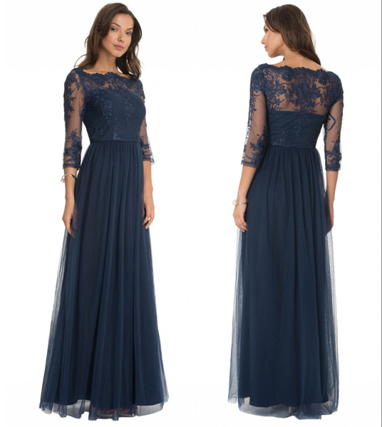 Custom Made Vintage Dark Navy Lace Sheer Mother Of The Bride Groom Dresses With 3/4 Long Sleeves Floor Length Evening Wear Gowns