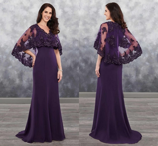 Elegant Dark Purple Mother Of The Bride Dresses Chiffon With Bolero Applique Shining Sequins Lace Chiffon Wedding Guest Dress