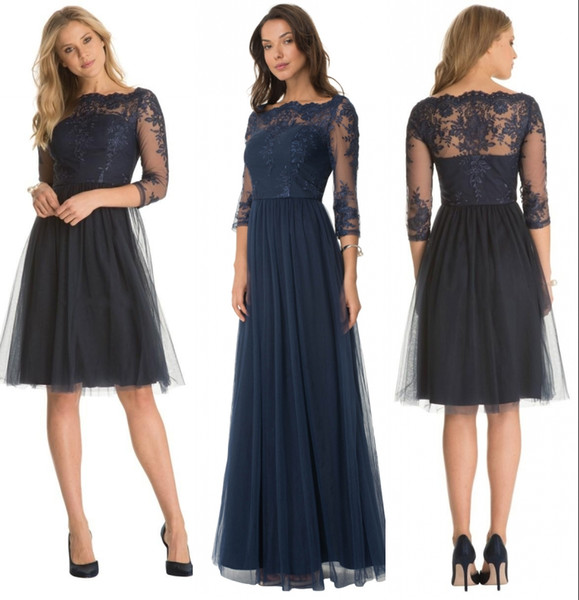 Modest Dark blue Short Tulle A-Line 3/4 Sleeve Sheer Lace Mother Of The Bride Dresses Knee-Length Wedding Bridesmaid Prom Dresses