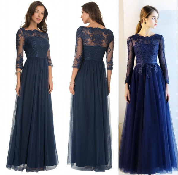 Vintage Dark Navy Lace Sheer Mother Of The Bride Groom Dresses With 3/4 Long Sleeves Floor Length Evening Wear Gowns