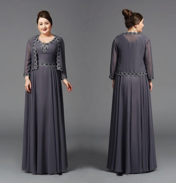 Unique Design A Line V Neck Mother Of The Bridal Dresses With Long Sleeve Jacket Floor Length Grey Chiffon Appliques Women Formal Gowns