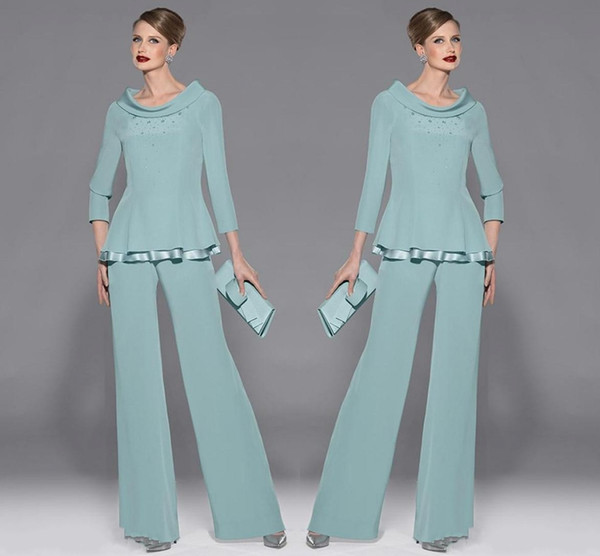 Graceful Mint Green Chiffon Mothers Pants Suit Jewel Neckline Long Sleeve With Beads And Sequins Two Pieces For Wedding Party Guest Dresses