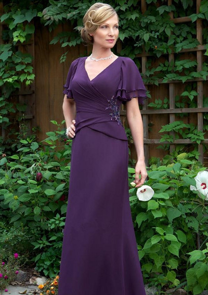 Elegant Dark Purple Mother Of The Bride Dresses Long New Chiffon Ruched Beach Wedding Guest Dress Groom Mothers Prom Party Gowns