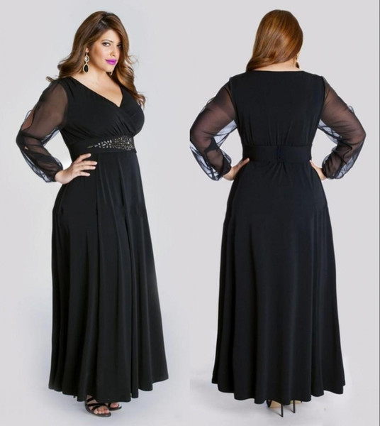 Plus Size Prom Dresses Black V Neck Long Sleeves Dresses Evening Wear Floor Length Chiffon Party Gowns With Beaded Sashes
