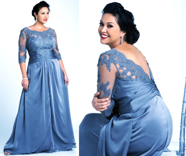 Plus Size Gray Mother Of The Bride Dresses With 3 4 Sleeves Scoop Neck Lace Chiffon Women Formal Gowns DH4036