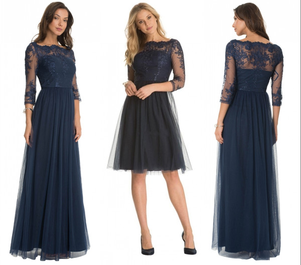 Modest Nay Blue Short Tulle A-Line 3/4 Sleeve Sheer Lace Mother Of The Bride Dresses Knee-Length Wedding Bridesmaid Prom Dresses