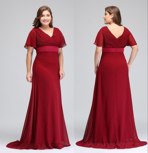 Dark Red Plus Size Occasion Dresses With Short Sleeves V Neck Pleats Chiffon Formal Evening Prom Gowns Mother Of The Bride Special Dresses