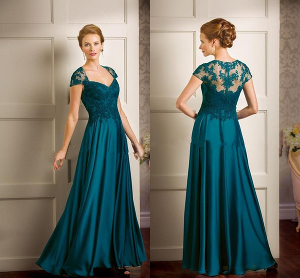 Jasmine Hunter Green Capped Sleeves Mother Of The Bride Dresses Lace Formal Gowns Floor Length Satin Wedding Guest Dress