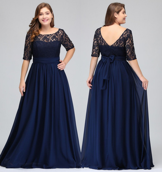 Dark Navy Lace Chiffon Half Sleeves Prom Dresses Lace Top A Line Chiffon V Back Mother of Bride Dresses Plus Size Gowns