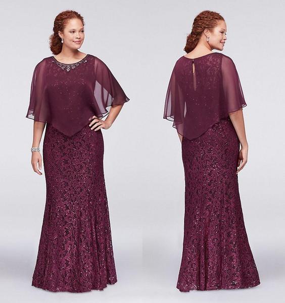 Burgundy Plus Size Lace Formal Dresses With Wrap Beaded Jewel Neck Mermaid Evening Gowns Floor Length Prom Party Dresses