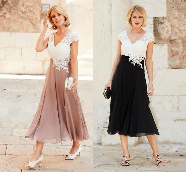 Newest Mother Of The Bride Dresses V Neck Cap Sleeves Appliques Lace Chiffon Pleated Tea Length Wedding Guest Dresses Rose White Black