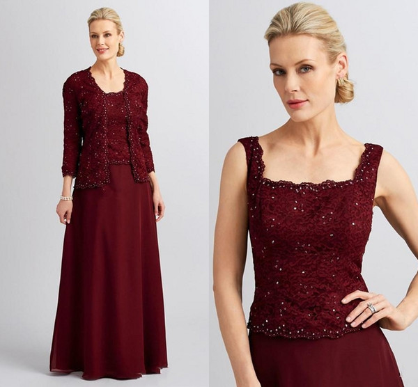 Sale Mother Of The Bride Dresses With Lace Jacket Beaded Off Shoulder Zipper Back Evening Gowns Burgundy Lace Mother Bride Dresses