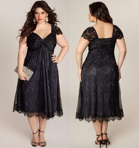 Full Lace Mother Of Bride Dresses Plus Size Cap Sleeve A Line Tea Length Black Elegant Short Mother Dresses Evening Gowns