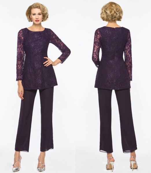 Purple Mother Of The Bride Pant Suits For Weddings Two Pieces Lace Appliqued Long Sleeve Mothers Formal Wear Outfit Garment HY363