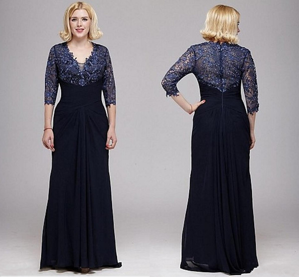 Drilling Sheath V-neck A-line Lace And Chiffon Mother Of The Bride Dresses 3/4 Sleeve Floor Length Mother's Dresses DH4220