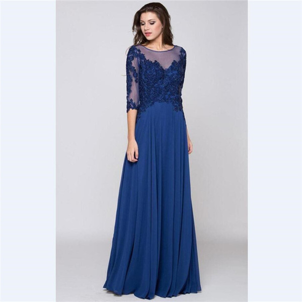 Charming Blue Tulle A Line Mother's Dresses Custom 3/4 Sleeves Mother Of the Bride Dress Sheer Neck Beaded Lace Evening Gowns