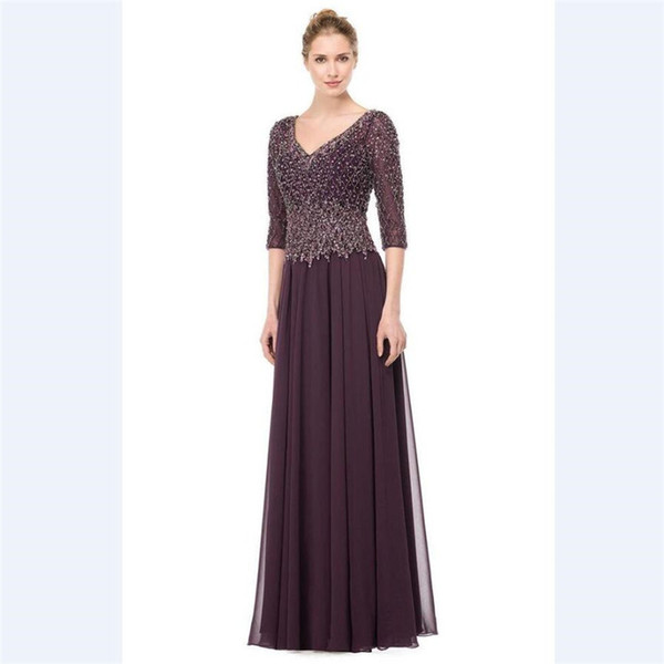 Lxury Purple Chiffon Long Mother's Dresses Custom 3/4 Sleeves Heavy Beads Mother Of the Bride Dress Sexy V Neck Prom Gowns